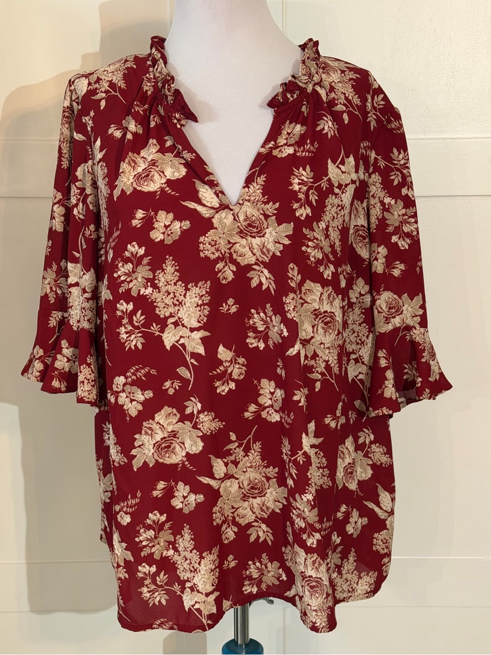 CeCe Burgundy and Cream Floral Ruffle V-Neck Tunic